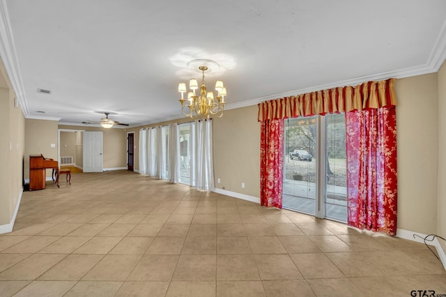 386 Fm 1711, Jacksonville, TX 75766 - empty room with crown molding, visible vents, baseboards, and ceiling fan with notable chandelier