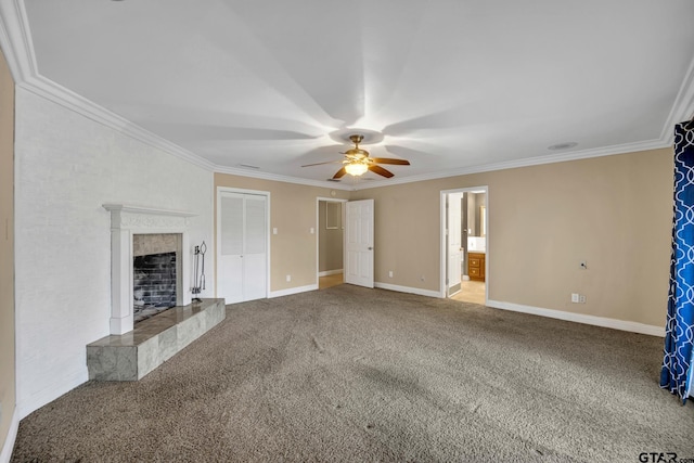 386 Fm 1711, Jacksonville, TX 75766 - unfurnished living room with baseboards, ceiling fan, carpet, crown molding, and a premium fireplace