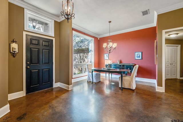 301 Hines Xing, Bullard, TX 75757 - dining area with a chandelier, baseboards, finished concrete flooring, and crown molding