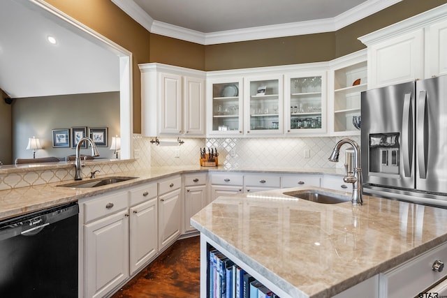 301 Hines Xing, Bullard, TX 75757 - kitchen featuring black dishwasher, a sink, tasteful backsplash, light stone counters, and crown molding