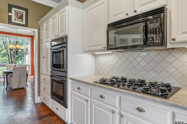 301 Hines Xing, Bullard, TX 75757 - kitchen featuring black appliances, a chandelier, decorative backsplash, light countertops, and white cabinets