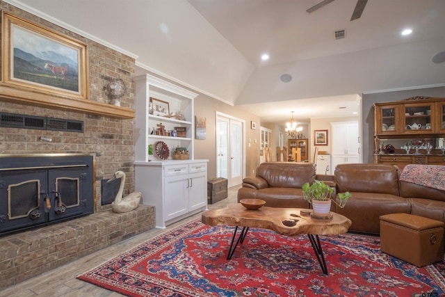 11790 E US Highway 175, Larue, TX 75770 - living room featuring lofted ceiling, recessed lighting, a chandelier, wood finished floors, and a brick fireplace