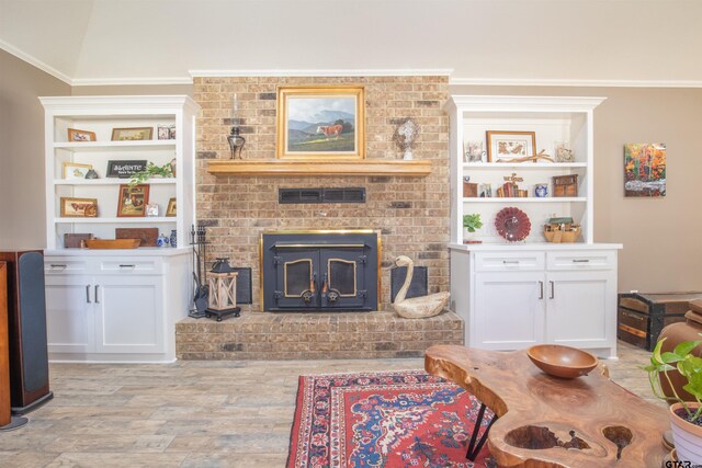 11790 E US Highway 175, Larue, TX 75770 - living room with light wood finished floors, a brick fireplace, ornamental molding, and built in features