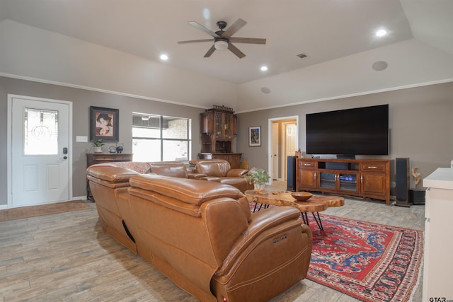 11790 E US Highway 175, Larue, TX 75770 - living room with vaulted ceiling, a ceiling fan, light wood-style flooring, recessed lighting, and ornamental molding