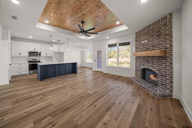 kitchen with white cabinets, appliances with stainless steel finishes, decorative light fixtures, a raised ceiling, and wooden ceiling