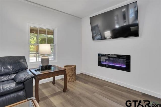 sitting room with baseboards, a glass covered fireplace, ornamental molding, and wood finished floors