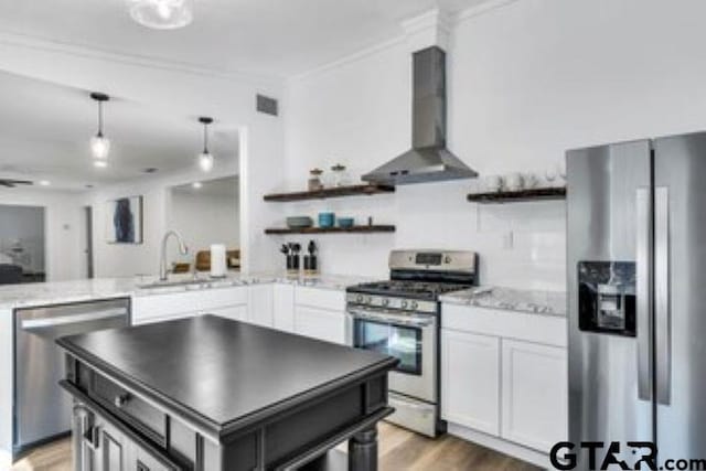 kitchen featuring wall chimney range hood, open shelves, appliances with stainless steel finishes, and a sink