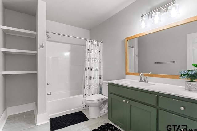 full bathroom featuring shower / bath combination with curtain, vanity, and toilet