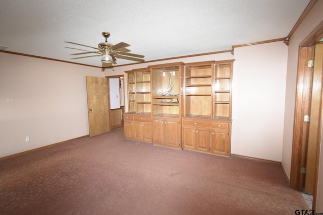 unfurnished living room with crown molding, a textured ceiling, ceiling fan, and carpet