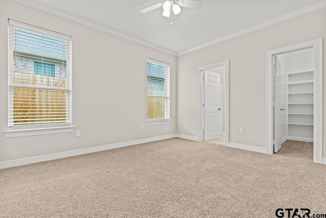 unfurnished bedroom with ornamental molding, a spacious closet, ceiling fan, light carpet, and a closet