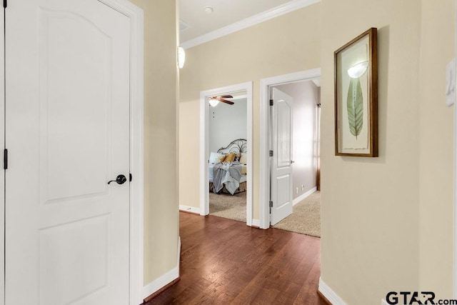 hallway featuring crown molding, baseboards, and dark wood-type flooring