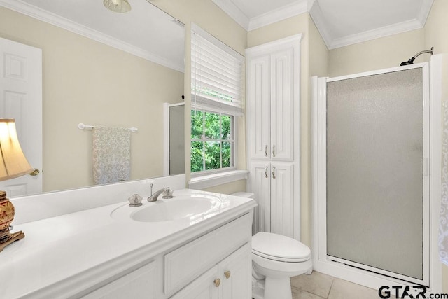 bathroom with vanity, crown molding, tile patterned flooring, and a shower stall
