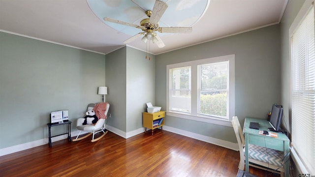 601 Troup Hwy, Tyler, TX 75701 - office area featuring ornamental molding, wood finished floors, ceiling fan, and baseboards