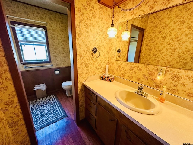 bathroom with wallpapered walls, vanity, toilet, and wood finished floors