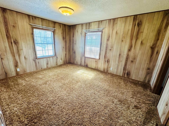 carpeted empty room with a textured ceiling and wood walls