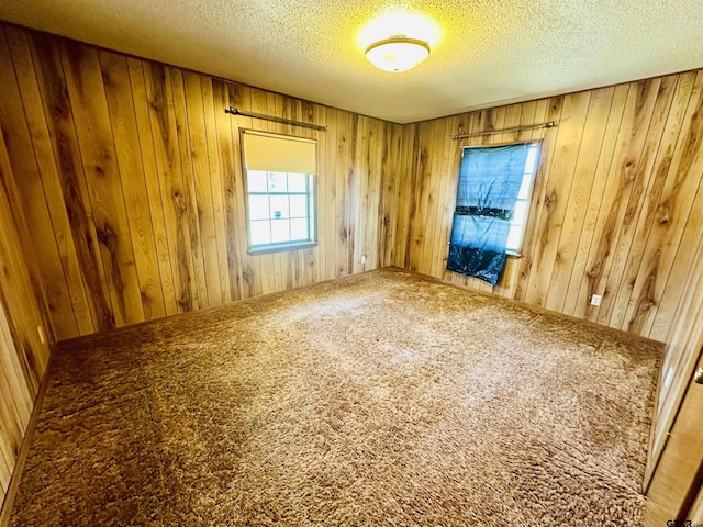 carpeted spare room featuring wood walls and a textured ceiling