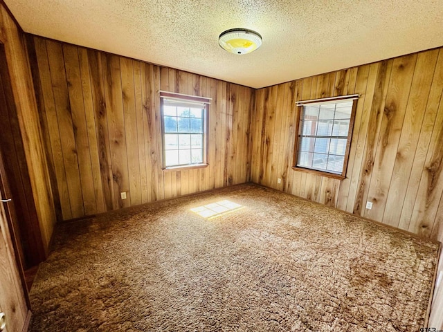 unfurnished room with carpet, wooden walls, and a textured ceiling