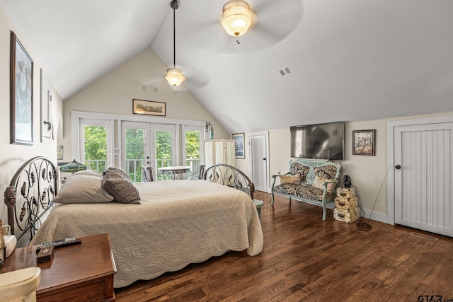 bedroom featuring access to outside, french doors, vaulted ceiling, dark wood-type flooring, and ceiling fan