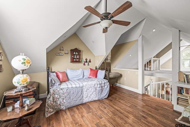 bedroom with lofted ceiling, wood-type flooring, and ceiling fan