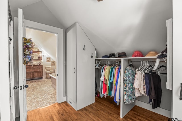 spacious closet with hardwood / wood-style floors and vaulted ceiling