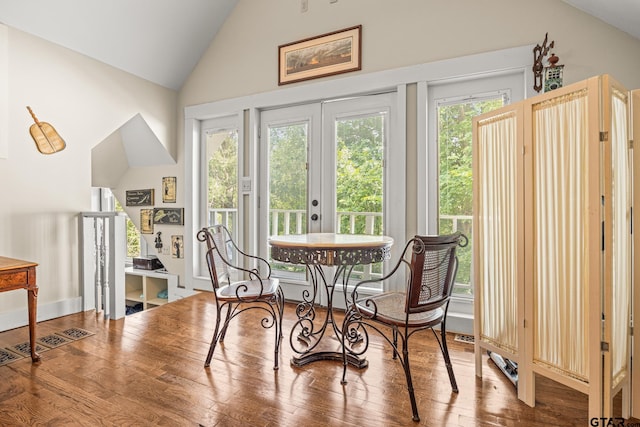 interior space with high vaulted ceiling, wood-type flooring, and a healthy amount of sunlight