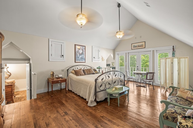 bedroom featuring dark wood-type flooring, high vaulted ceiling, french doors, and ceiling fan