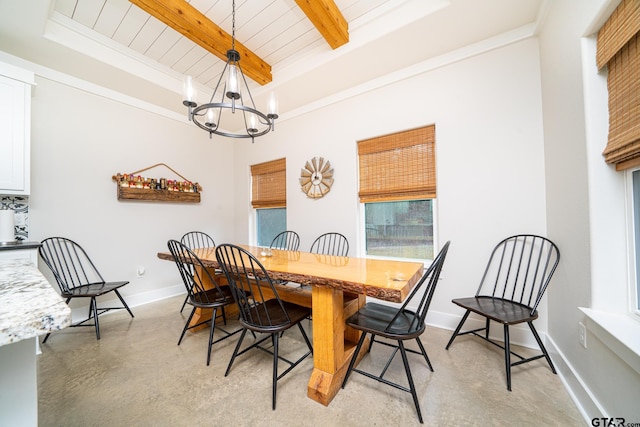 dining area featuring beam ceiling, an inviting chandelier, and wood ceiling