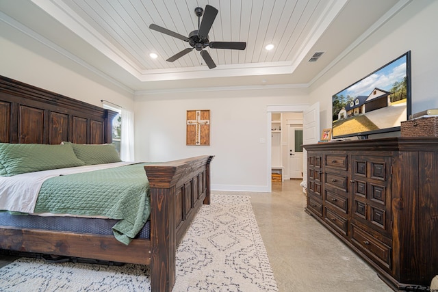 bedroom with ceiling fan, a raised ceiling, ornamental molding, and wooden ceiling