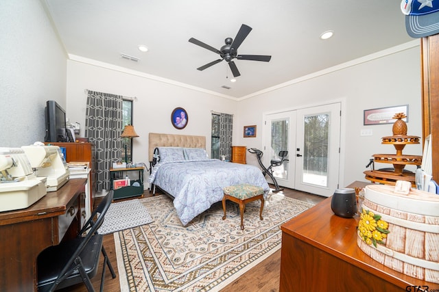 bedroom with french doors, ornamental molding, access to outside, ceiling fan, and hardwood / wood-style flooring