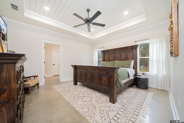 bedroom with a tray ceiling, ceiling fan, wood ceiling, and ornamental molding