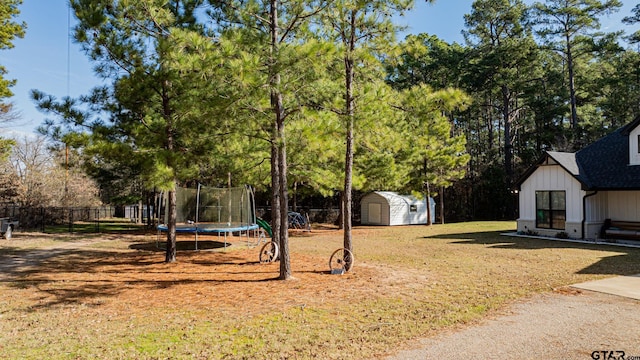 view of yard with a trampoline and a shed