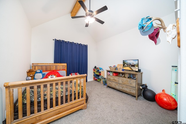 bedroom with carpet flooring, ceiling fan, and lofted ceiling with beams