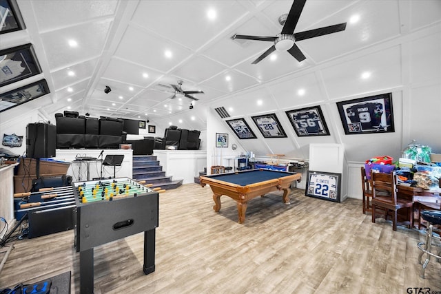 220 Pin Oak Dr, Mabank, TX 75156 - recreation room featuring a ceiling fan, a decorative wall, coffered ceiling, billiards, and light wood-type flooring