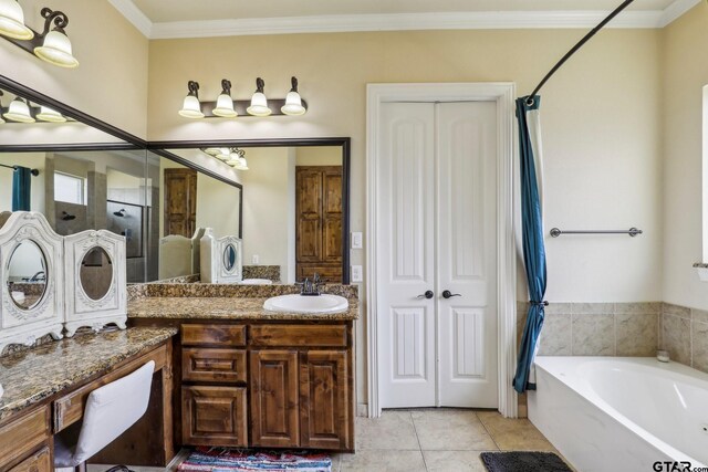 3449 Abes Landing Dr, Granbury, TX 76049 - full bathroom with a bathtub, vanity, a shower with curtain, crown molding, and tile patterned flooring