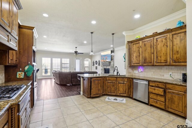 3449 Abes Landing Dr, Granbury, TX 76049 - kitchen with appliances with stainless steel finishes, crown molding, a ceiling fan, open floor plan, and recessed lighting