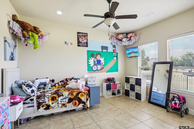 3449 Abes Landing Dr, Granbury, TX 76049 - playroom with a ceiling fan, tile patterned flooring, and recessed lighting