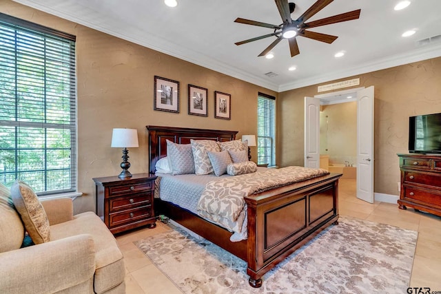 tiled bedroom featuring ornamental molding, ceiling fan, and ensuite bath