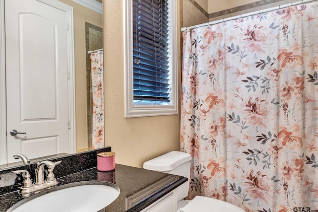 bathroom with vanity, walk in shower, and toilet