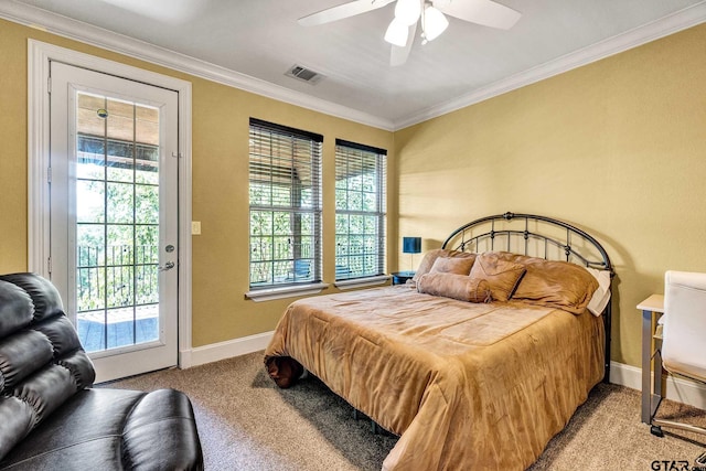 bedroom featuring ornamental molding, light colored carpet, access to exterior, and ceiling fan