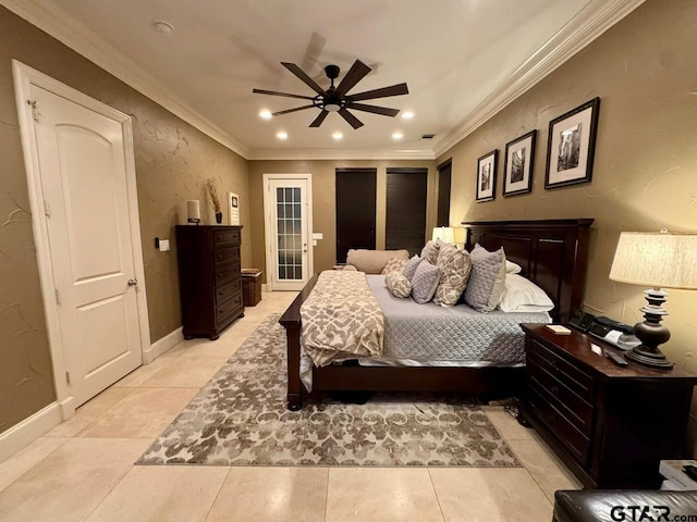 bedroom featuring light tile patterned floors, crown molding, and ceiling fan