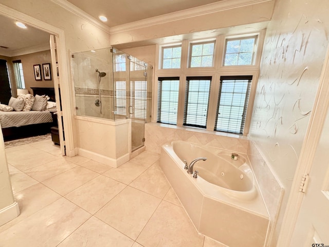 bathroom with tile patterned floors, ornamental molding, and independent shower and bath