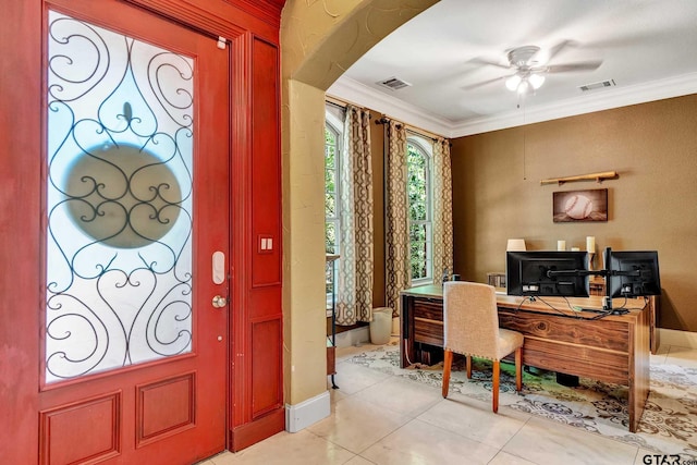 tiled home office with ornamental molding and ceiling fan