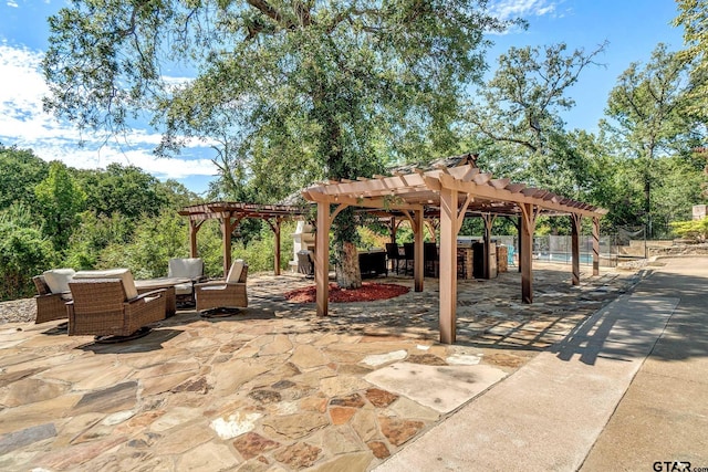 view of patio / terrace with an outdoor living space and a pergola