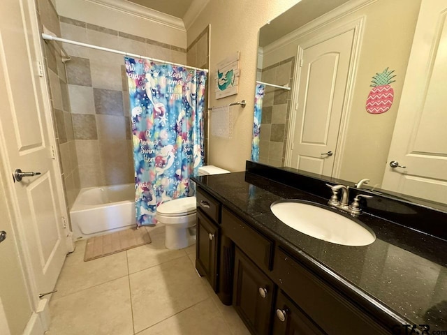 full bathroom with vanity, ornamental molding, shower / bath combination with curtain, tile patterned floors, and toilet