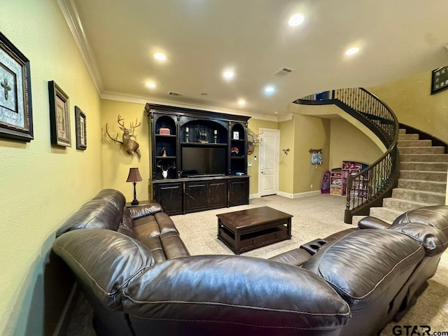 carpeted living room featuring ornamental molding