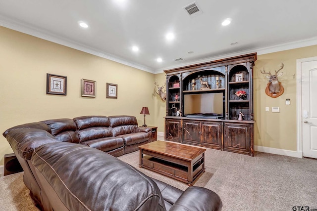 carpeted living room featuring ornamental molding