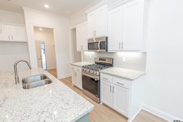 kitchen featuring backsplash, white cabinetry, sink, and stainless steel appliances