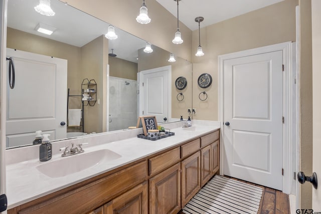 bathroom with vanity, hardwood / wood-style flooring, and a shower with door