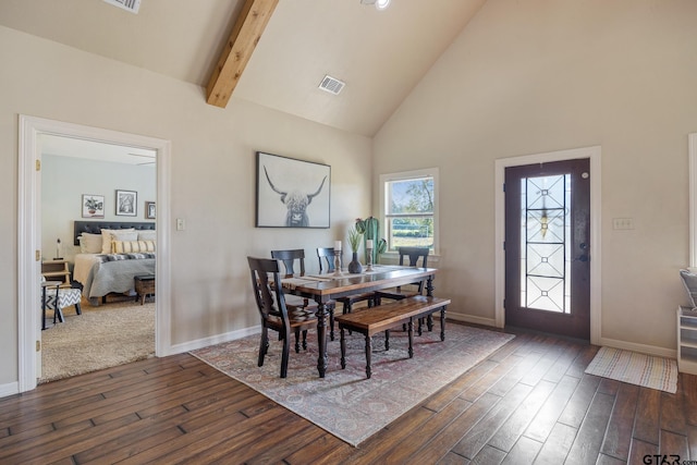 dining space featuring high vaulted ceiling, dark wood-type flooring, and beamed ceiling