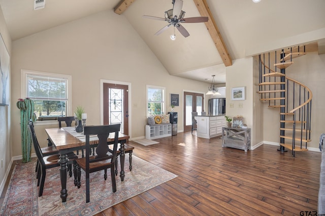 dining room with high vaulted ceiling, dark hardwood / wood-style flooring, a healthy amount of sunlight, and beamed ceiling